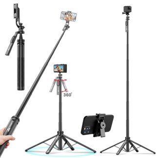 S7 Selfie Stick with tripod stand, 71 inches Ultra Long with Reinforced Quad Stand, 360° Rotatable Handle with Detachable Bluetooth Remote